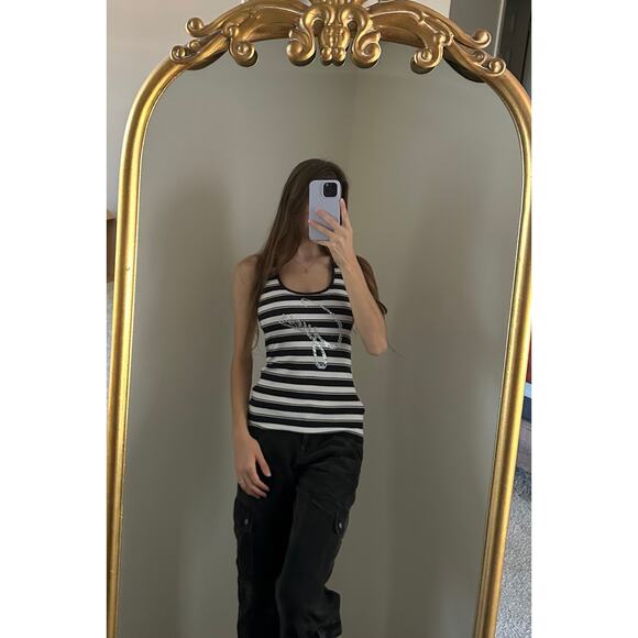 Vintage Y2K Guess Embellished Rhinestone Stripe Tank Top Shirt - Picture 1 of 7